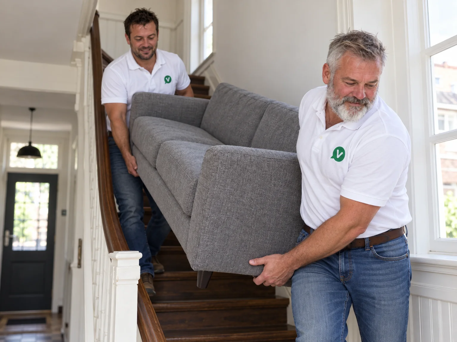 Twee ontruimers dragen een bank de trap af in het trappenhuis van een huurwoning