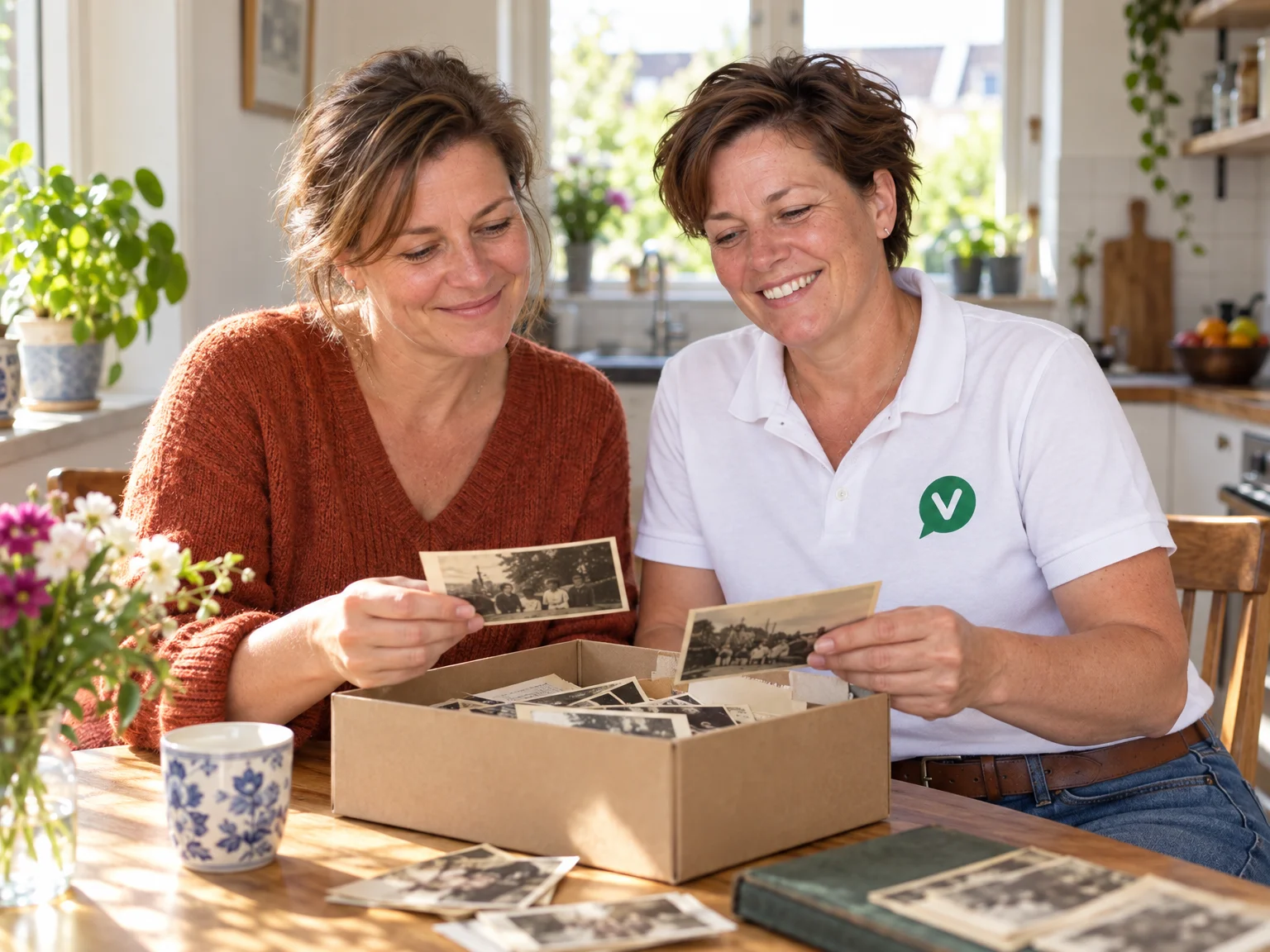 Broer en zus bekijken oude foto's aan de keukentafel in het ouderlijk huis voordat het wordt leeggehaald