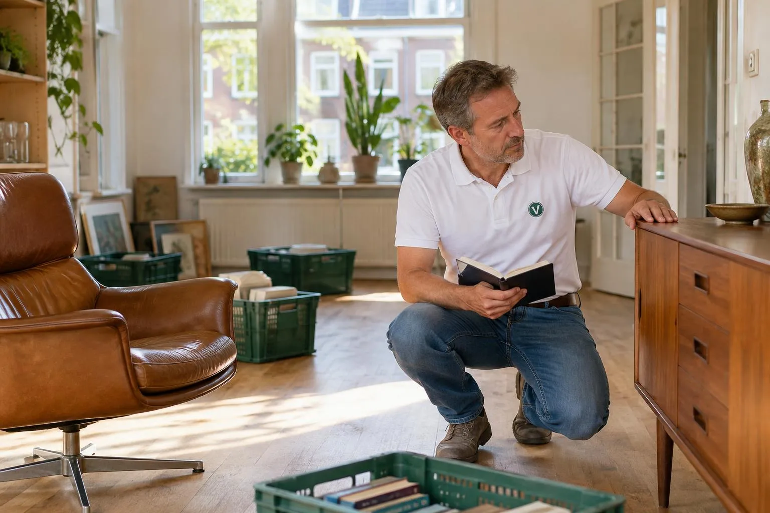 Ontruimer taxeert een teakhouten dressoir en een leren designfauteuil die verrekend worden met de ontruimingskosten