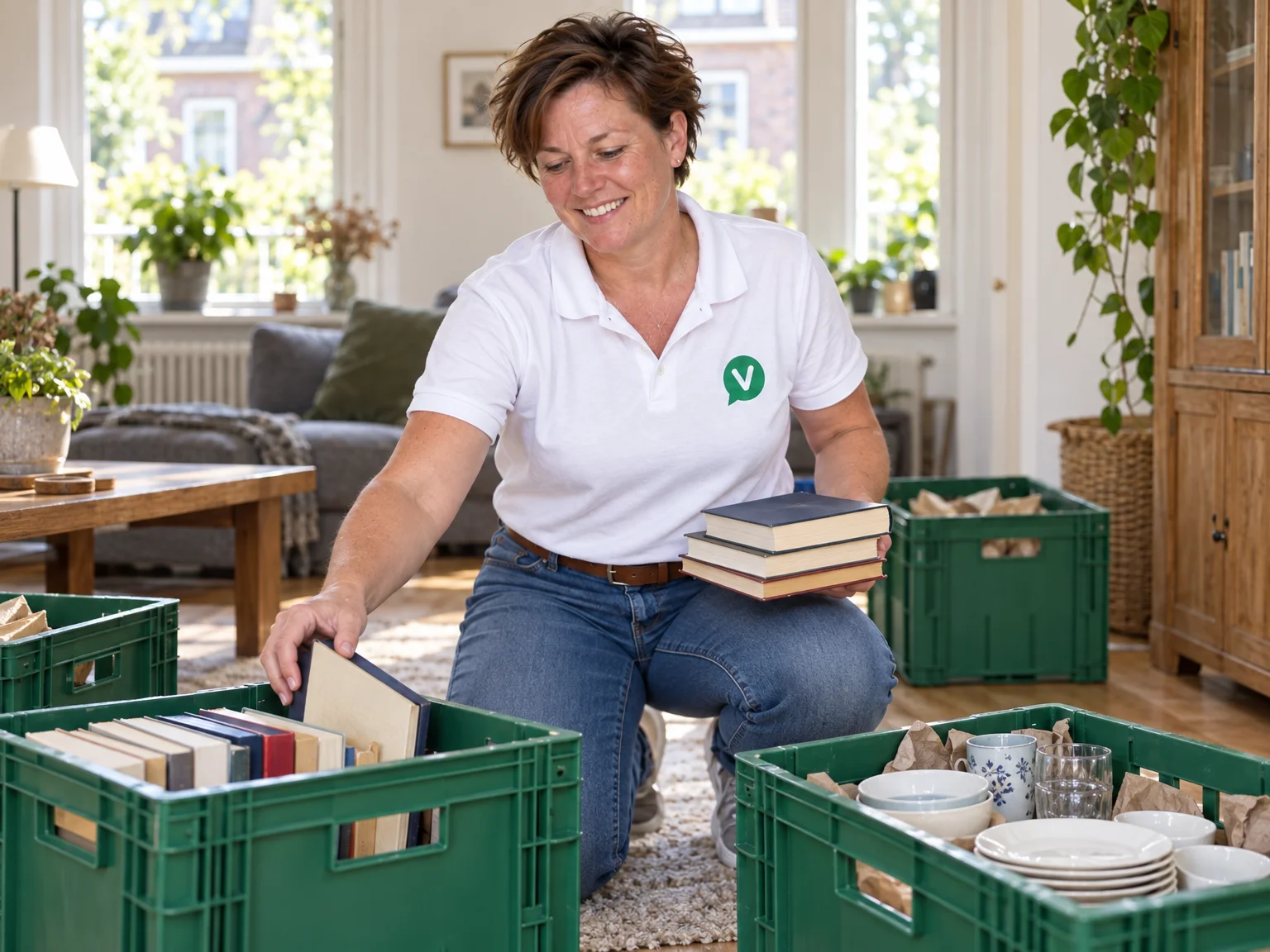 Ontruimer sorteert boeken, servies en lampen in kratten voor kringloop en recycling