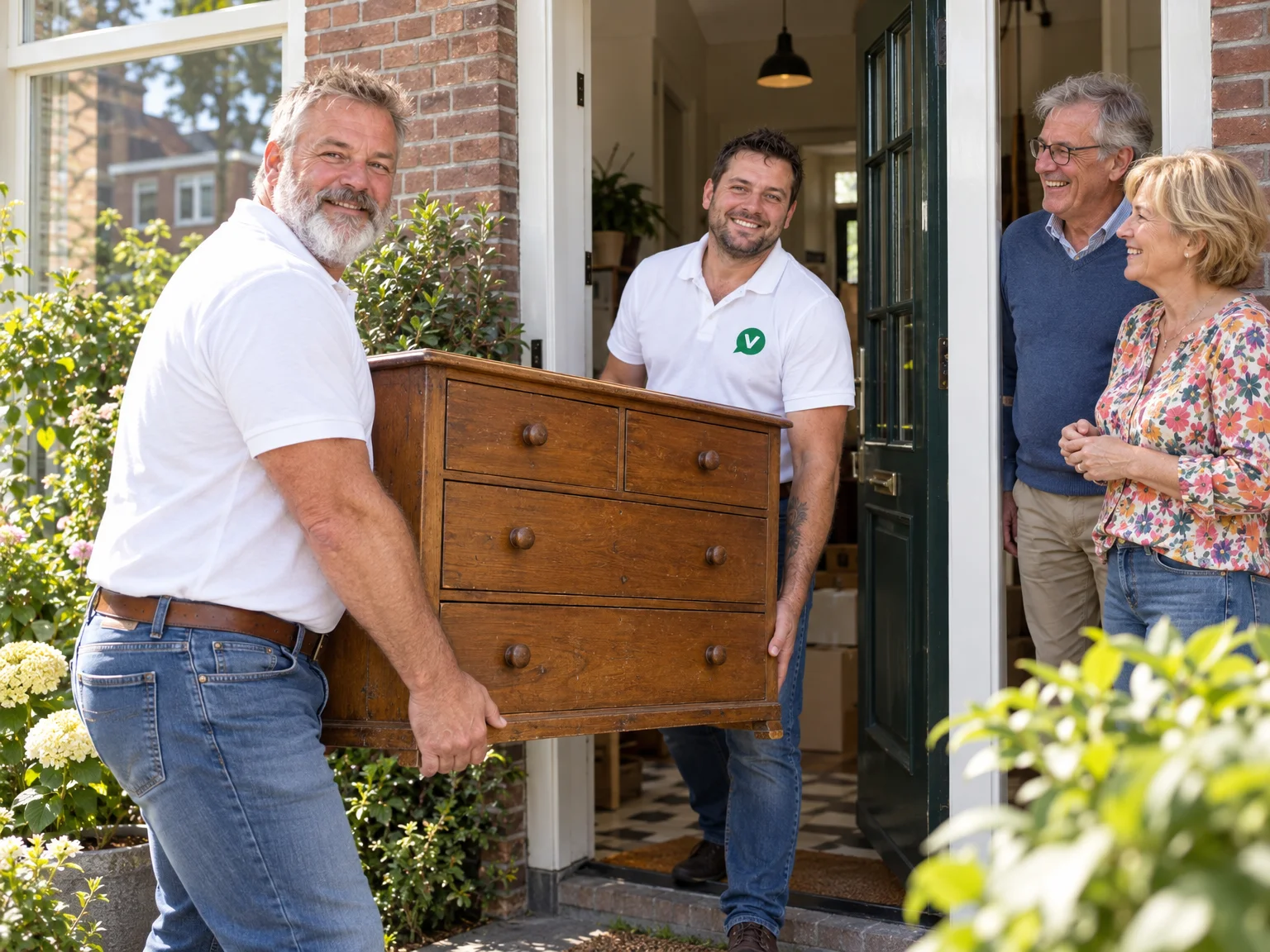 Twee ontruimers van VergelijkOntruimingen.nl dragen een houten ladekast uit een Nederlandse rijtjeswoning