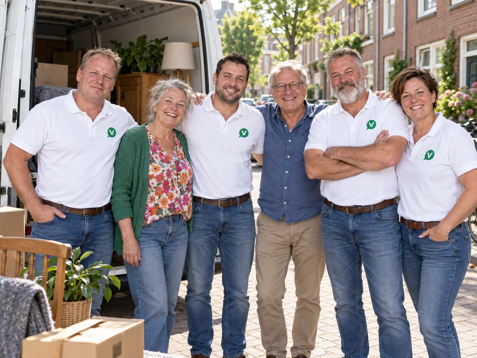 Ontruimers laden een verhuisbus in een Nederlandse straat